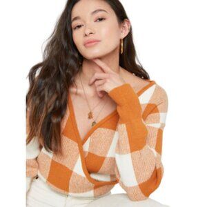 Callahan Agnes Wrap Sweater Long Sleeve Plaid Orange Honey White Size Small